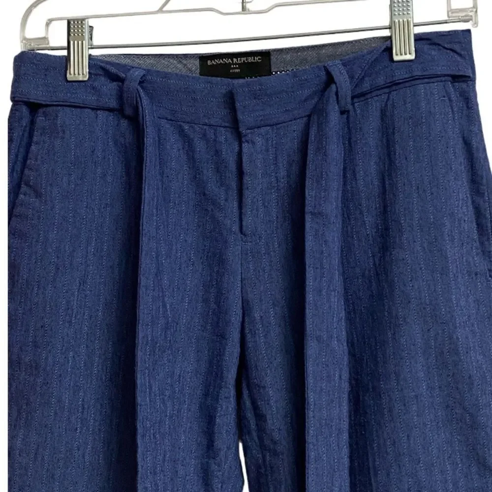 Banana Republic Avery Fit Tie-Waist Pinstripe Pants Women 0P Blue Crop Beachy